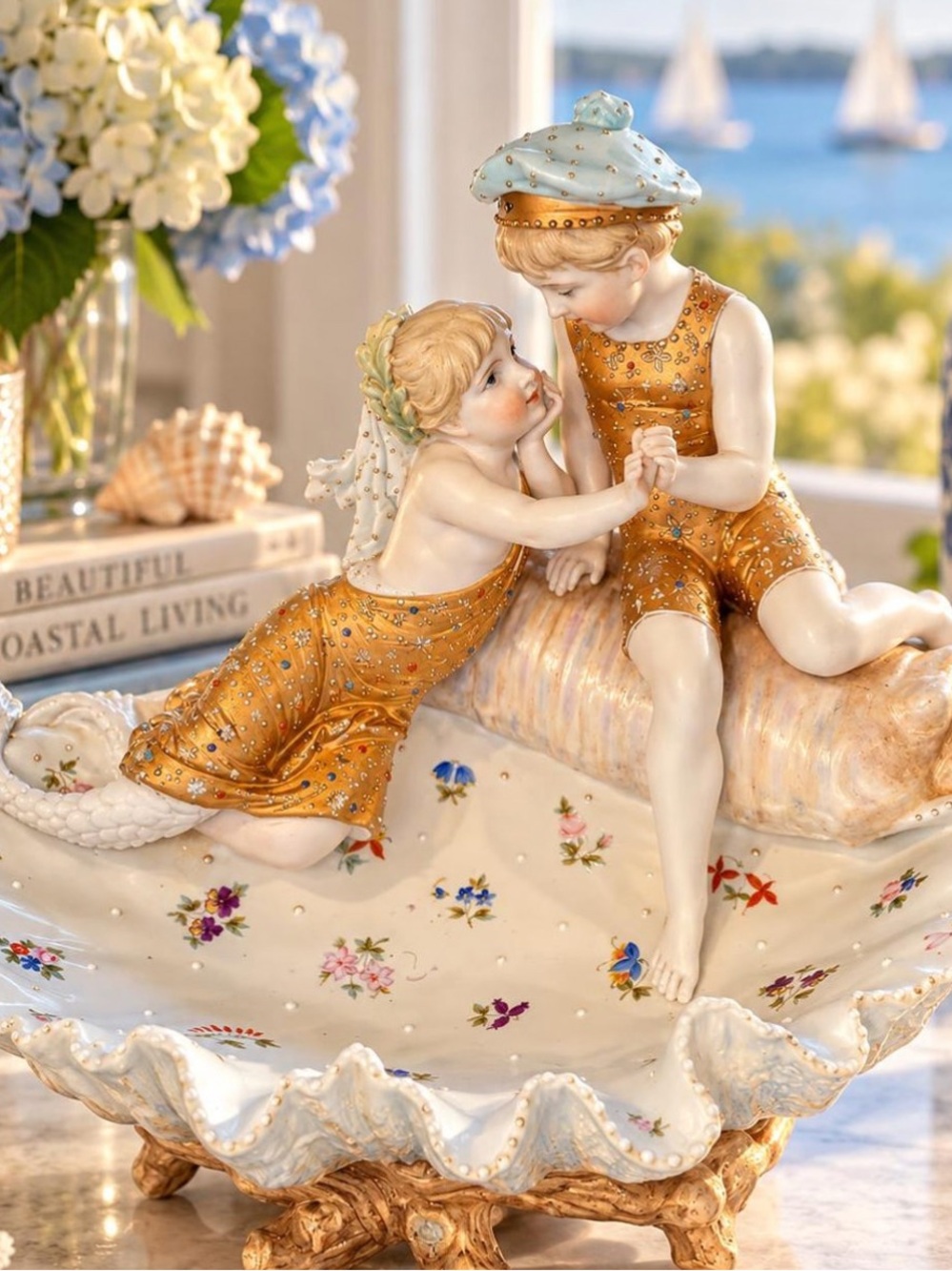 Vintage Porcelain Mermaid Merman Shell Centerpiece Bowl Hand Painted Floral Gold